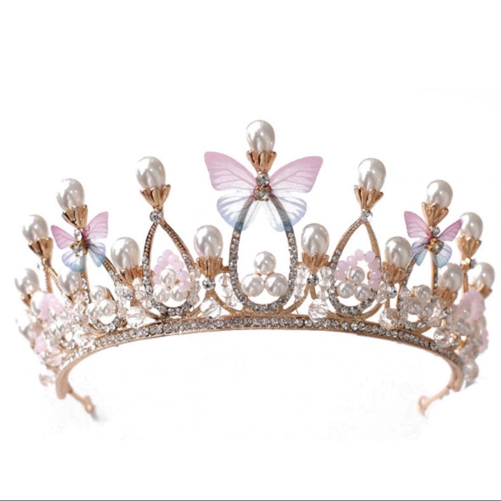 BUTTERFLY Gold Pearl Princess Crown Tiara NEW